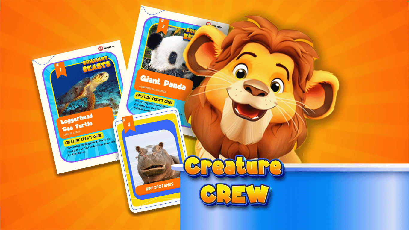 Jonesy the Lion with Creature Crew Guides on a bright background