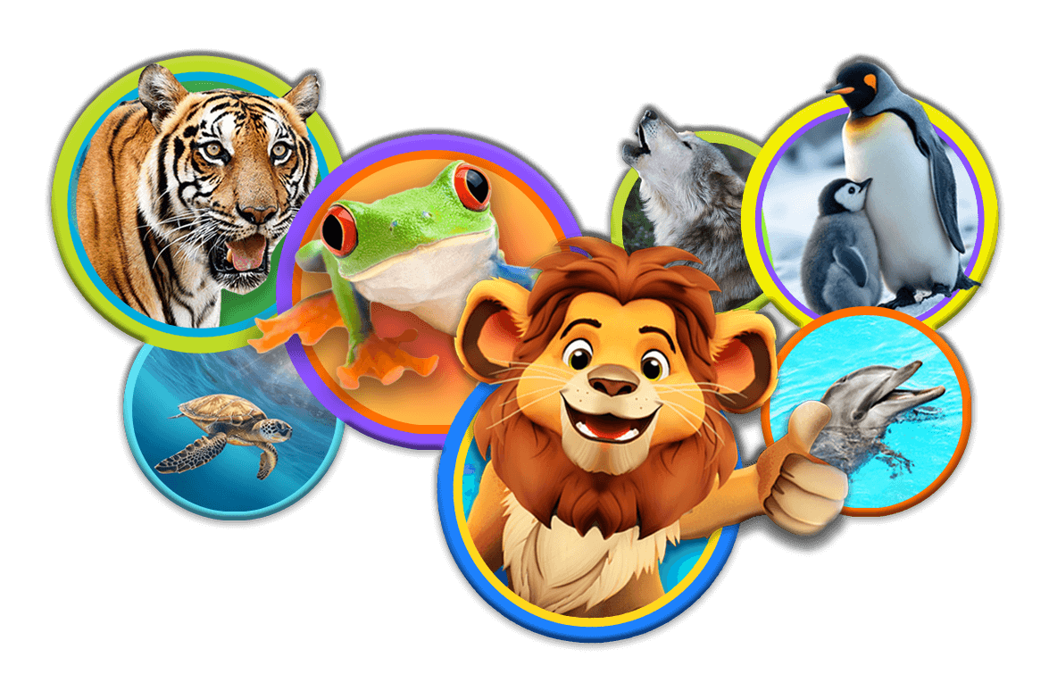 Jonesy the Lion smiling with a colorful background featuring Brilliant Beasts.