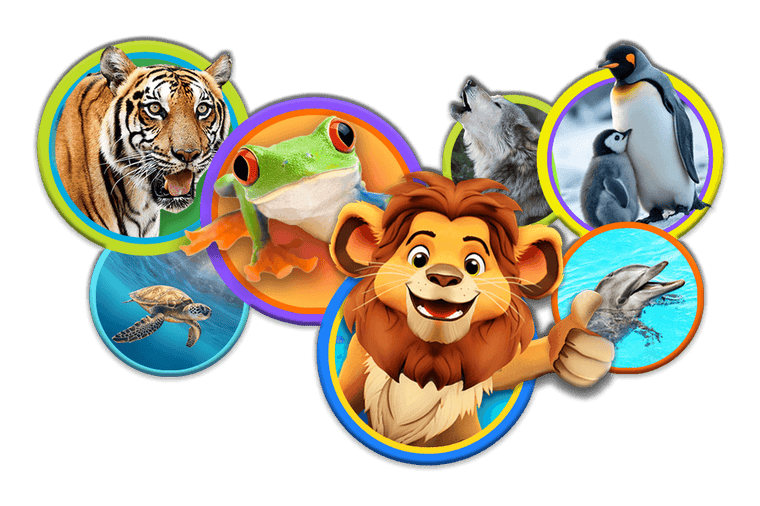 Jonesy the Lion smiling with a colorful background featuring Brilliant Beasts.