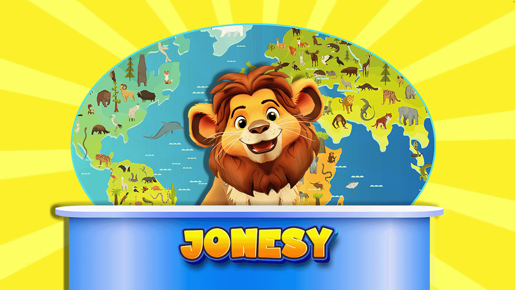 Meet the Team hero image featuring Jonesy the lion behind his news anchor desk and in front of a world map